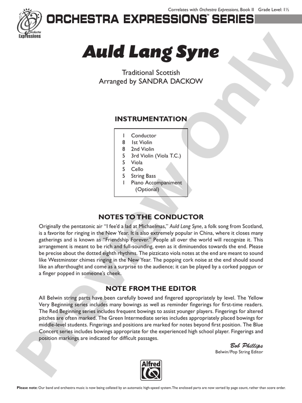 Auld Lang Syne (Grade 1.5) – String Orchestra Conductor Score & Parts (Digital Download)