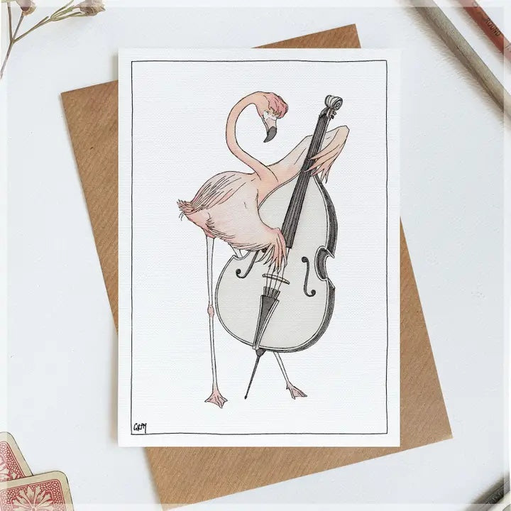 Greeting Card a Flamingo Playing the Double Bass
