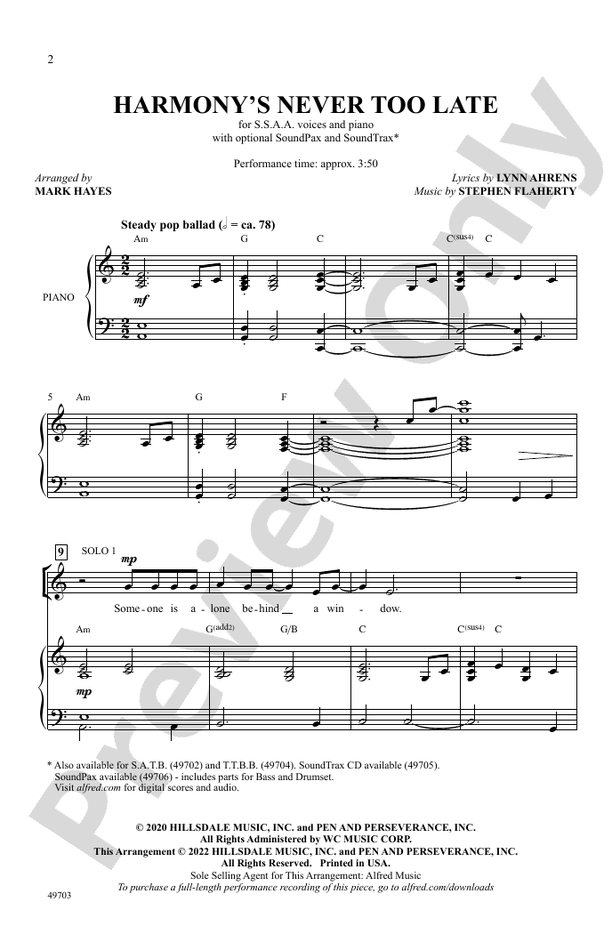 Harmony's Never Too Late - SSAA Choral Octavo (Digital Download)