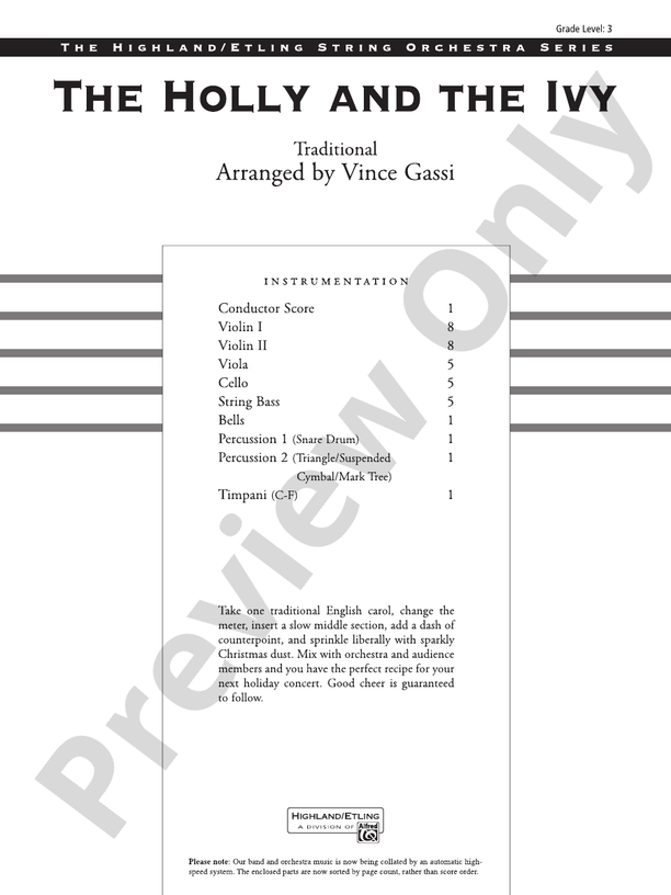 The Holly and the Ivy (Grade 3) – String Orchestra Conductor Score & Parts (Digital Download)