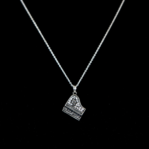Necklace with Grand Piano Pendant Inlaid with Diamantes 'Music is Life' Sterling Silver 45cm Chain