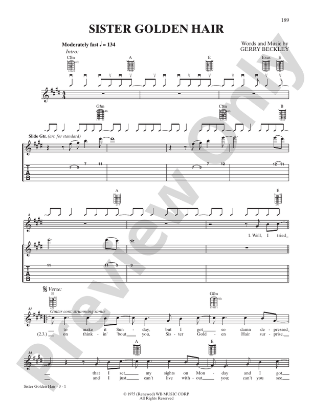 Sister Golden Hair - Interm./Easy Guitar TAB (Digital Download)