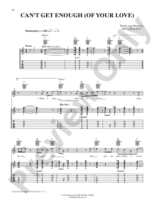 Can't Get Enough (of Your Love) - Interm./Easy Guitar TAB (Digital Download)