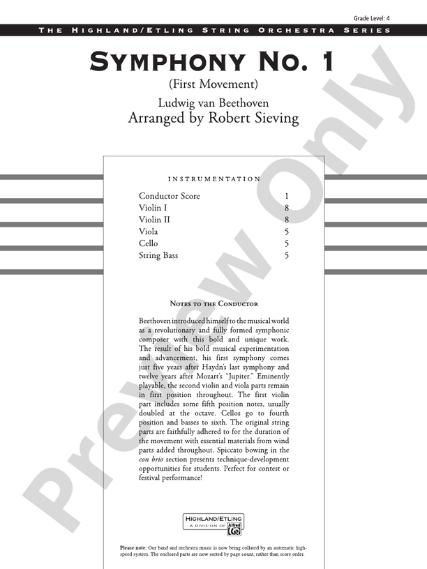Symphony No. 1, 1st Movement (Grade 4) – String Orchestra Conductor Score & Parts (Digital Download)
