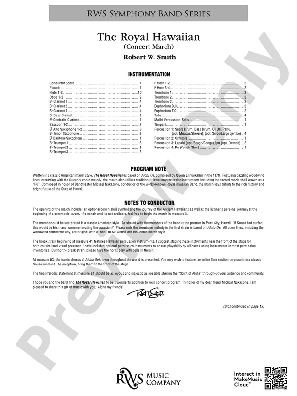 The Royal Hawaiian - Concert March - Concert Band Conductor Score & Parts (Digital Download)