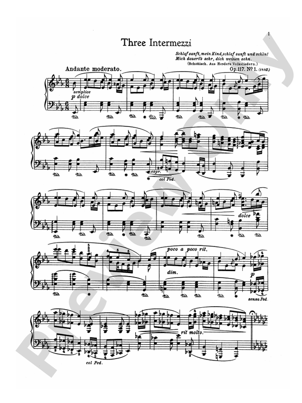 Brahms - Three Intermezzi, Op. 117 - Piano Solo (Digital Download)