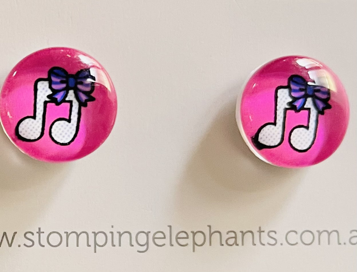 Stomping Elephants Music Stud Earrings Pink Quavers with Purple Bows