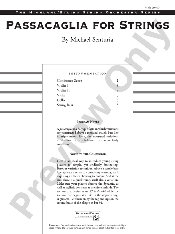 Passacaglia for Strings – String Orchestra Conductor Score & Parts (Digital Download)