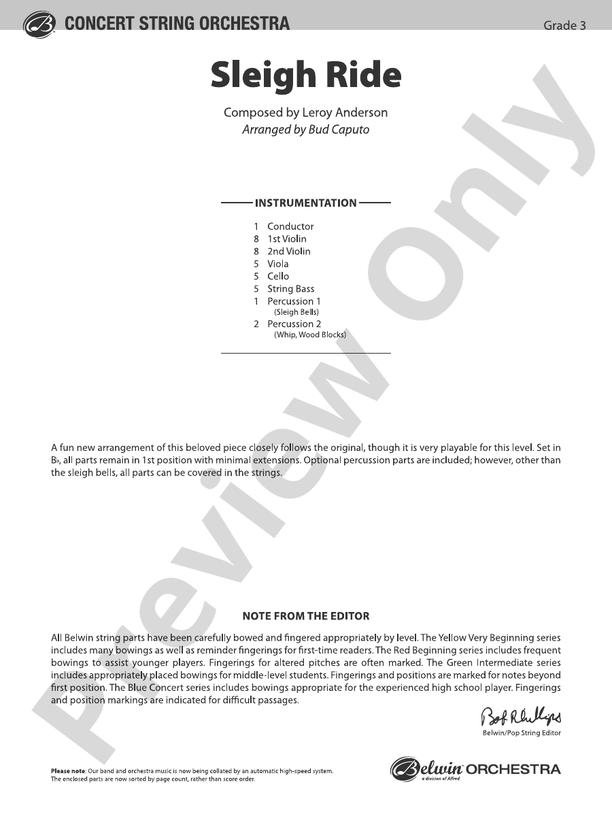 Sleigh Ride (Grade 3) - String Orchestra Conductor Score & Parts (Digital Download)