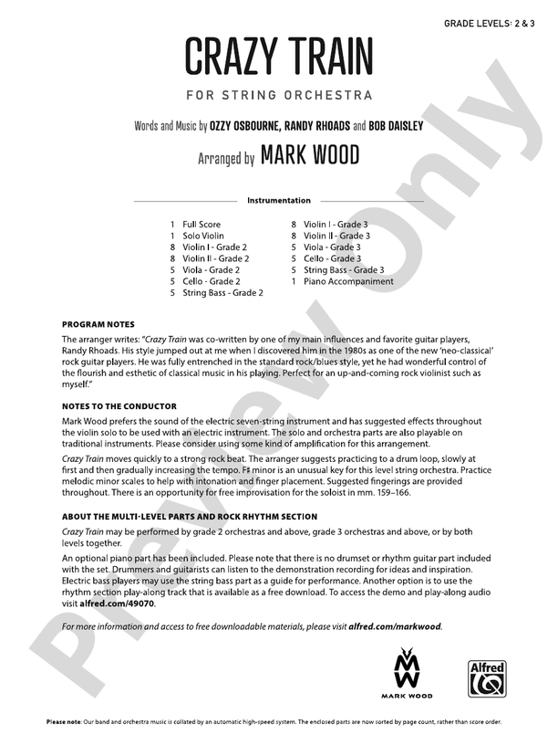 Crazy Train - String Orchestra Conductor Score & Parts (Digital Download)