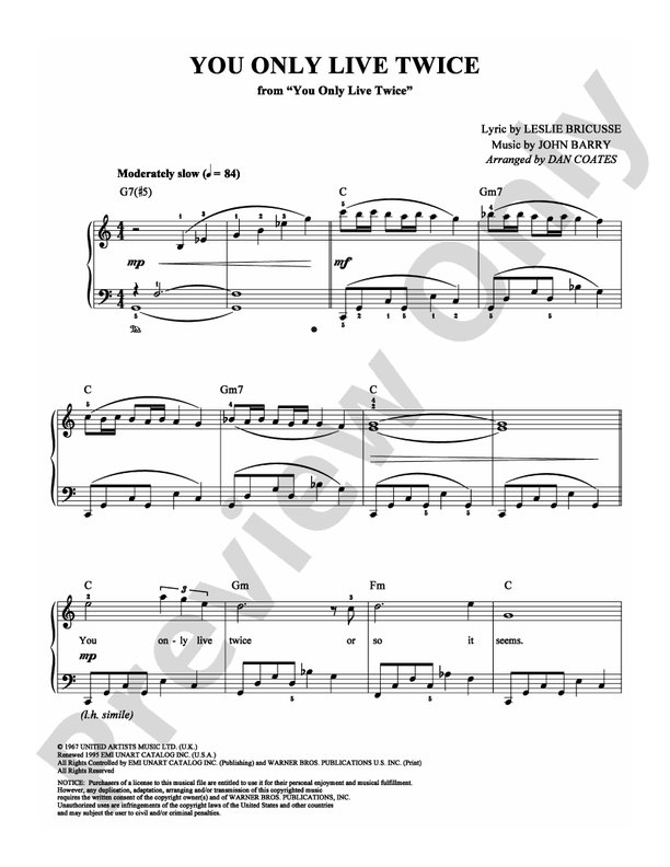 You Only Live Twice - Arr. Dan Coates - Easy Piano (Digital Download)