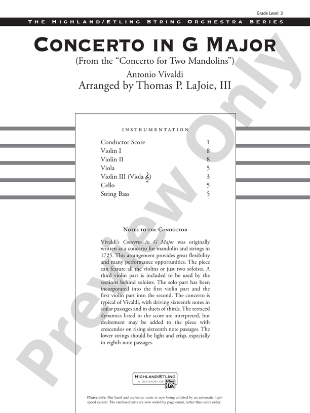 Concerto in G Major (from the Concerto for Two Mandolins) – String Orchestra Conductor Score & Parts (Digital Download)