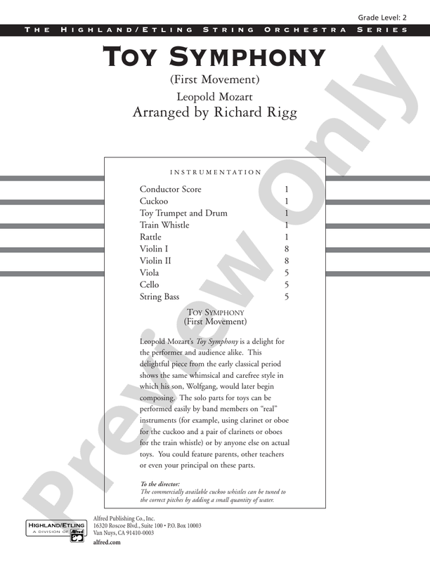 Toy Symphony, 1st Movement – String Orchestra Conductor Score & Parts (Digital Download)