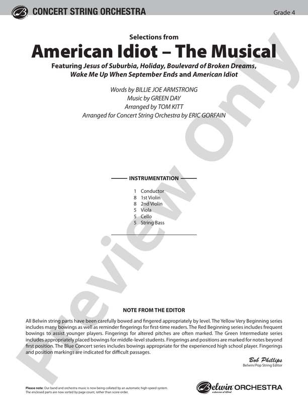 American Idiot -- The Musical, Selections from – String Orchestra Conductor Score & Parts (Digital Download)