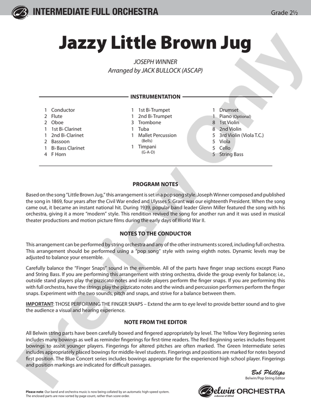 Jazzy Little Brown Jug – Full Orchestra Conductor Score & Parts (Digital Download)