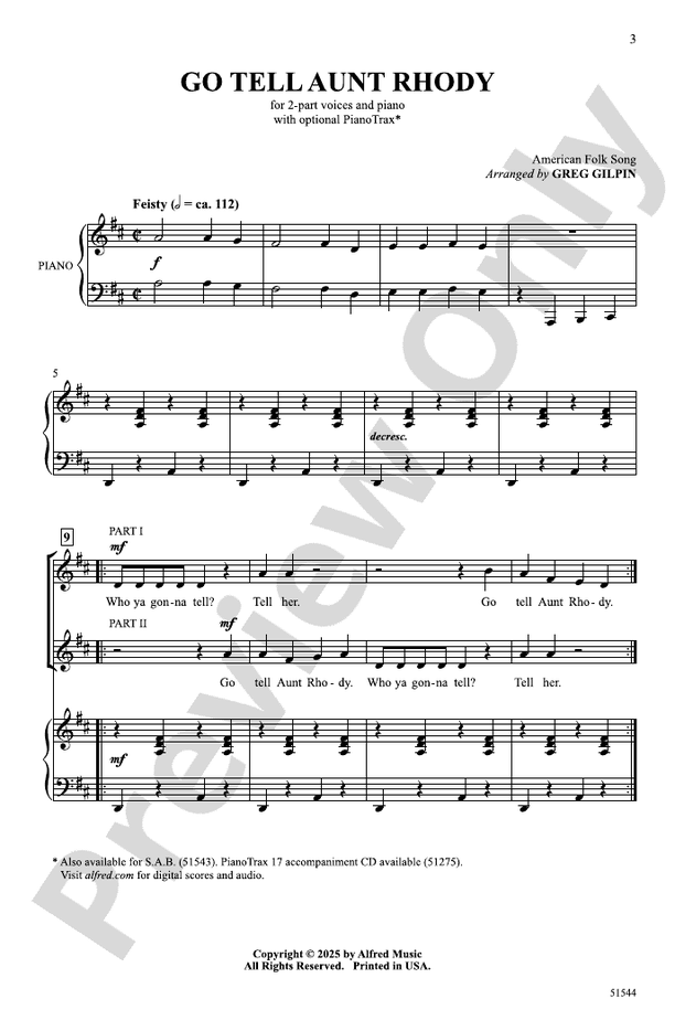 Go Tell Aunt Rhody - 2 Part Treble Choral Octavo (Digital Download)