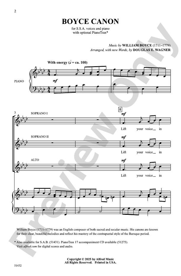 Boyce Canon - SSA Choral Octavo (Digital Download)
