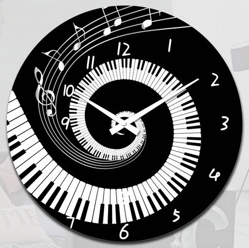 Music Themed Clock Black with a White Curved Piano Keyboard and Stave