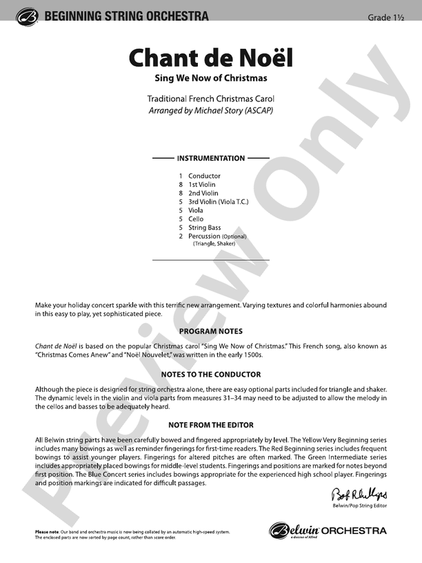 Chant de Noel - String Orchestra Conductor Score & Parts (Digital Download)