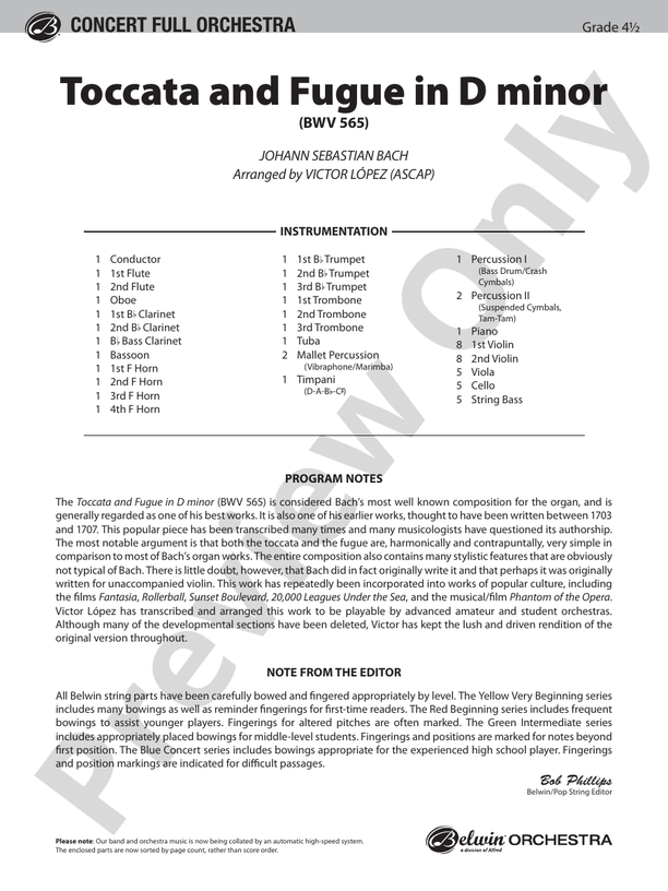 Toccata and Fugue in D Minor – Full Orchestra Conductor Score & Parts (Digital Download)