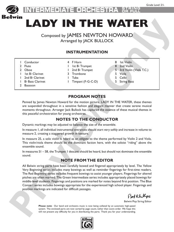 Lady in the Water – Full Orchestra Conductor Score & Parts (Digital Download)