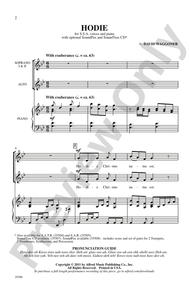 Hodie - David Waggoner – SSA Choral Octavo (Digital Download)