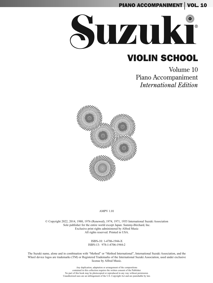 Suzuki Violin School Book/Vol. 10 International Edition - Piano Accomp 44059