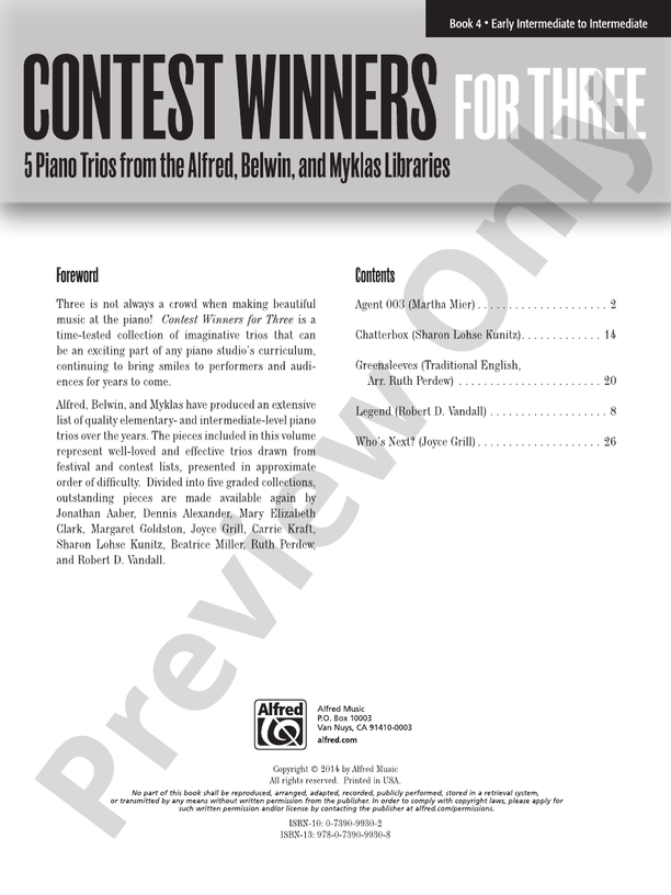 Contest Winners for Three, Book 4: 5 Piano Trios from the Alfred, Belwin, and Myklas Libraries (Digital Download)