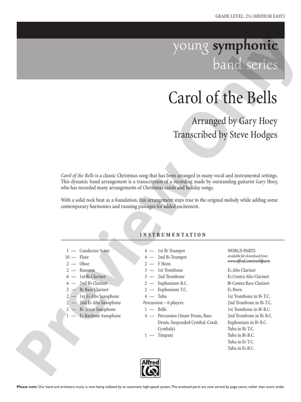 Carol of the Bells - Concert Band Conductor Score & Parts (Digital Download)