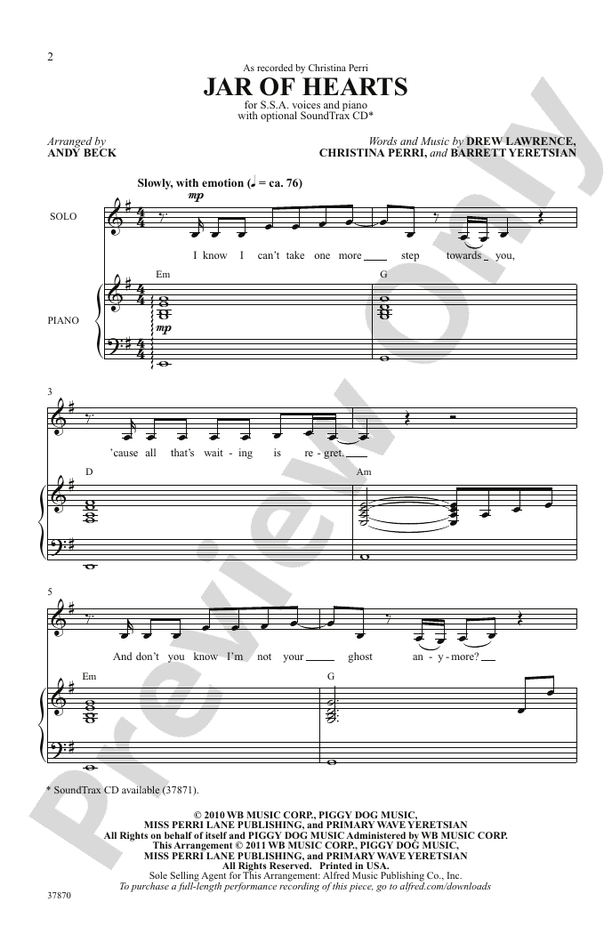 Jar of Hearts – SSA Choral Octavo (Digital Download)