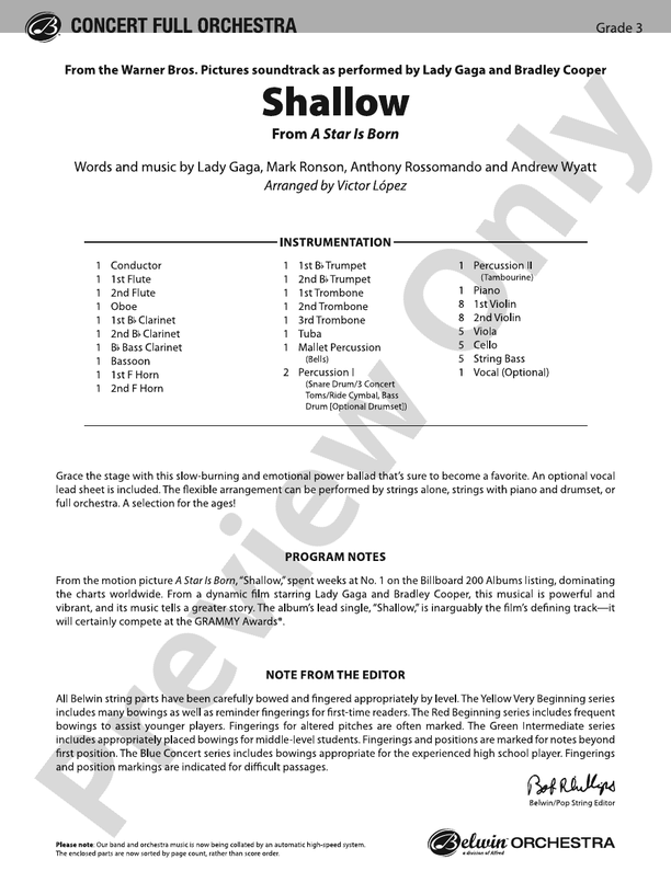 Shallow (from A Star Is Born) – Full Orchestra Conductor Score & Parts (Digital Download)