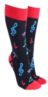Sock Society Music Socks Black with Colourful Notes and Symbols Red Heel and Top