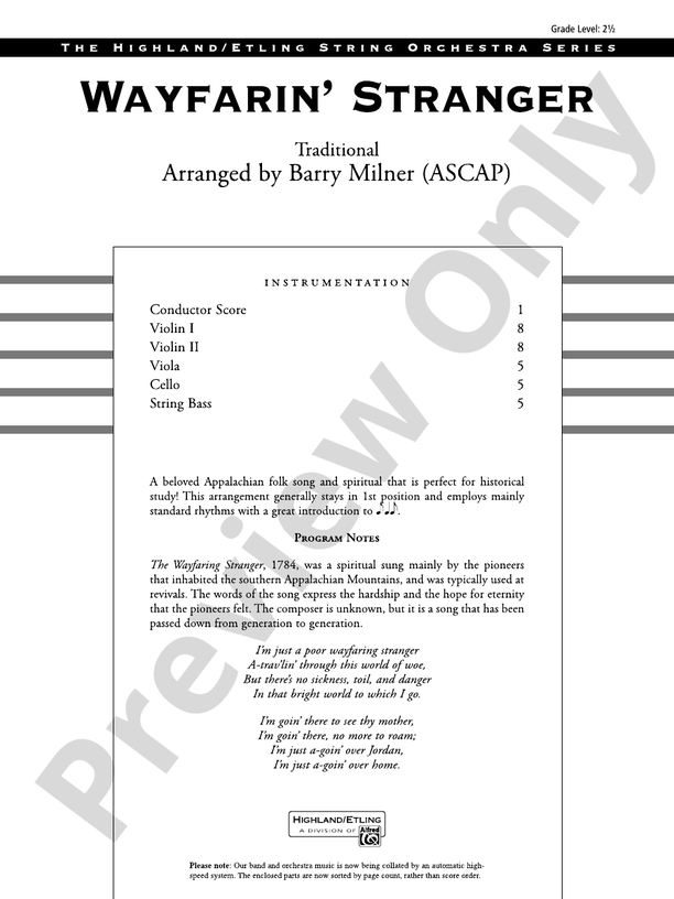 Wayfarin' Stranger – String Orchestra Conductor Score & Parts (Digital Download)