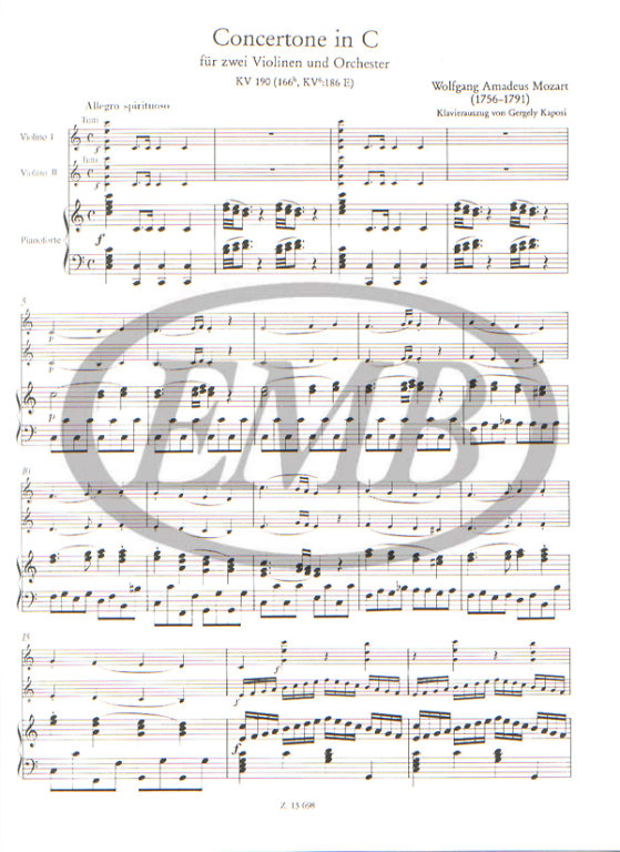 Mozart - Concertone K190 - 2 Violins/Piano Accompaniment EMB Z13698