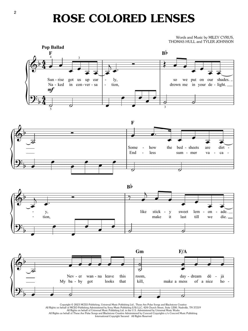 Miley Cyrus - Endless Summer Vacation - Easy Piano Solo Hal Leonard 1229481
