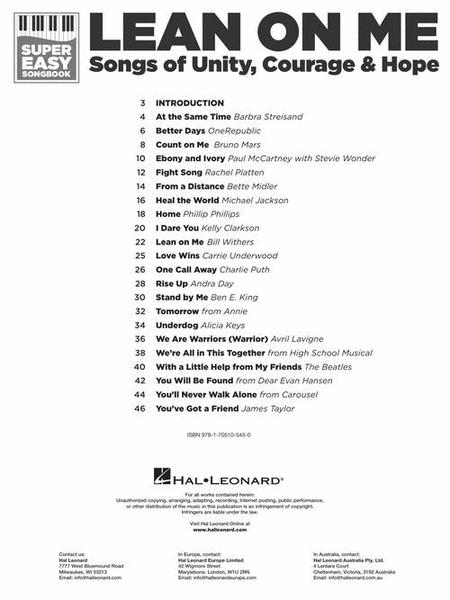 Lean On Me: Songs of Unity Courage & Hope - Super Easy Piano Hal Leonard 350593
