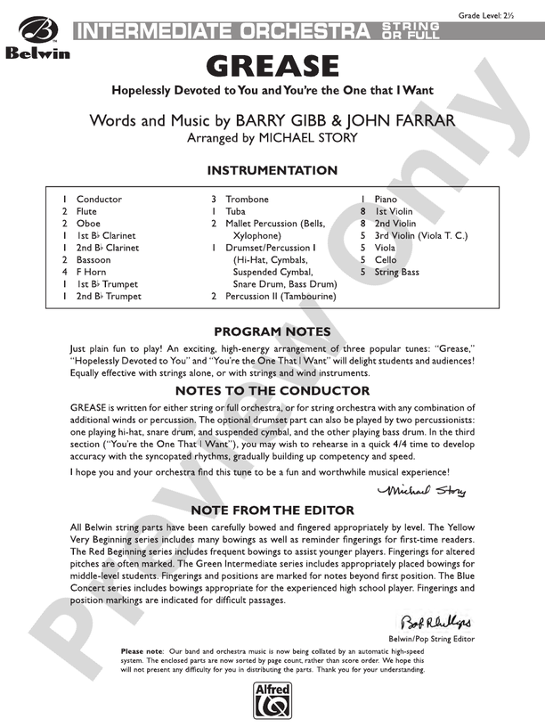 Grease – Full Orchestra Conductor Score & Parts (Digital Download)