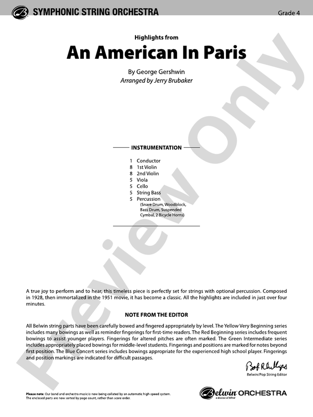 An American in Paris, Highlights from - String Orchestra Conductor Score & Parts (Digital Download)