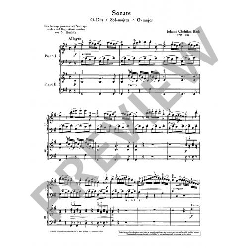 Bach, JC - Sonata in Gmaj - 2 Pianos/4 Hands Schott ED2445