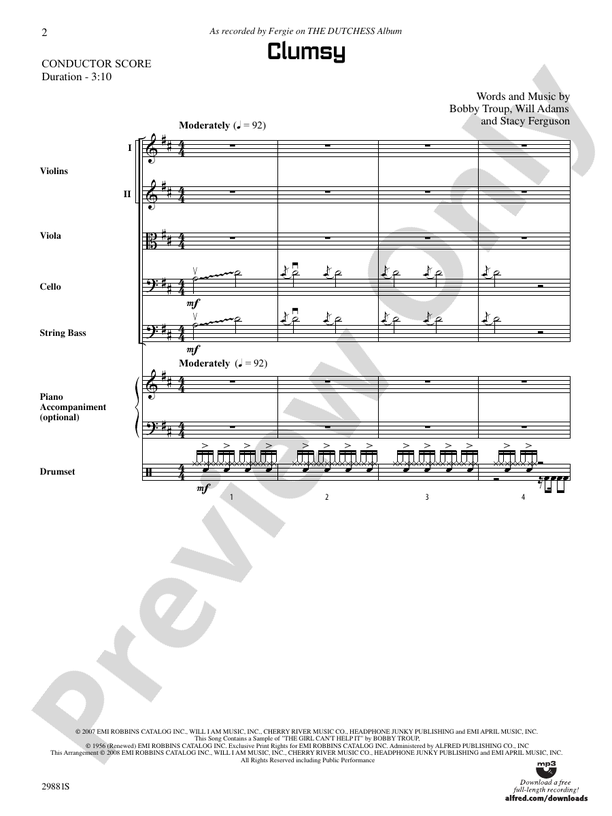 Clumsy (as recorded by Fergie on the album The Dutchess) - String Orchestra Conductor Score & Parts (Digital Download)
