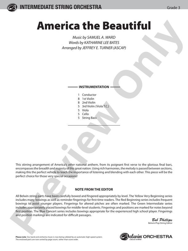 America the Beautiful (Grade 3) – String Orchestra Conductor Score & Parts (Digital Download)