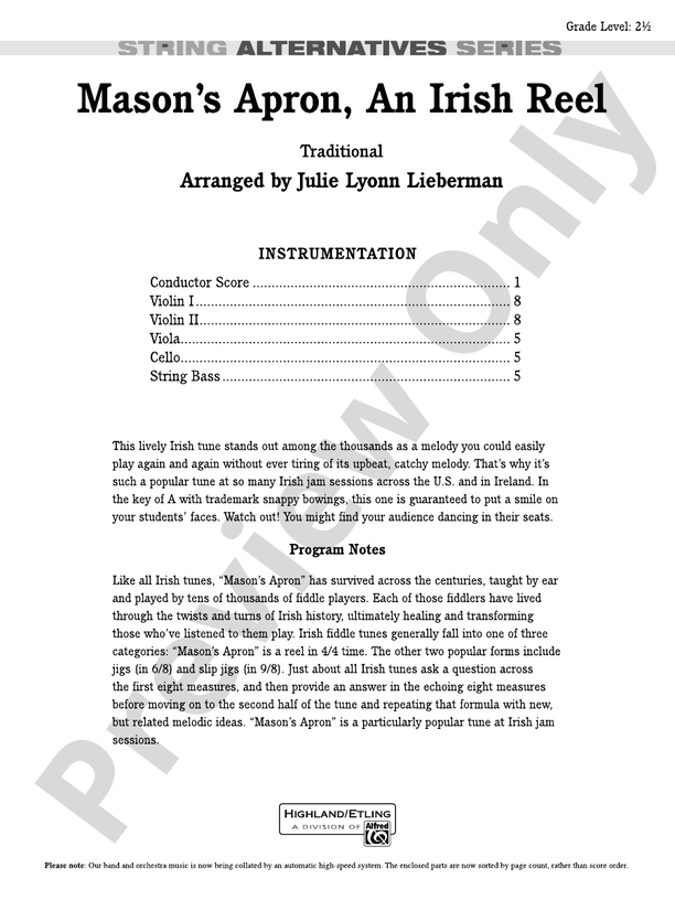 Mason's Apron, An Irish Reel – String Orchestra Conductor Score & Parts (Digital Download)