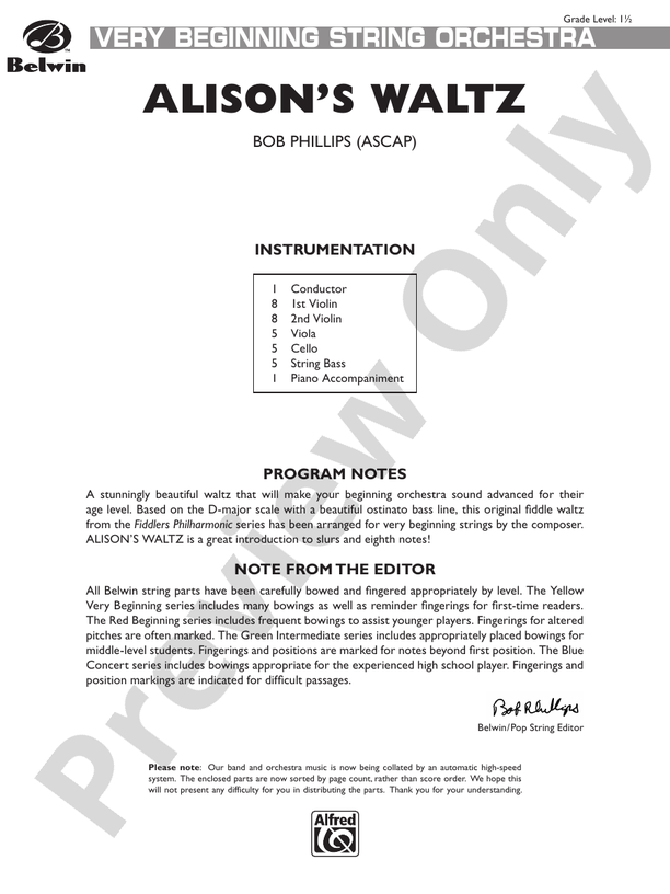 Alison's Waltz – String Orchestra Conductor Score & Parts (Digital Download)