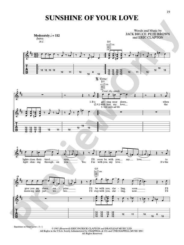 Sunshine of Your Love - Easy Guitar (Digital Download)