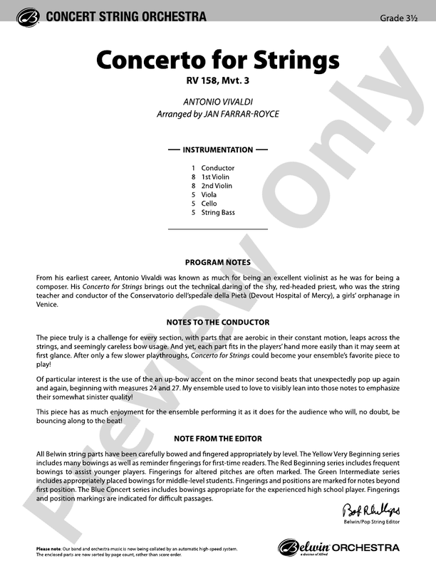 Concerto for Strings RV 158, Mvt. 3 – String Orchestra Conductor Score & Parts (Digital Download)