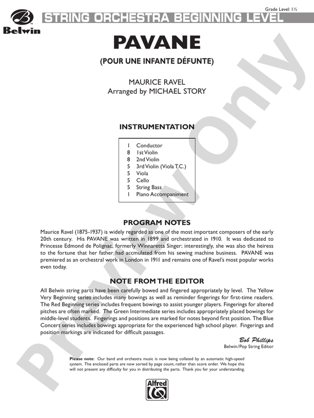 Pavane (Pour Une Infante Defunte) – String Orchestra Conductor Score & Parts (Digital Download)
