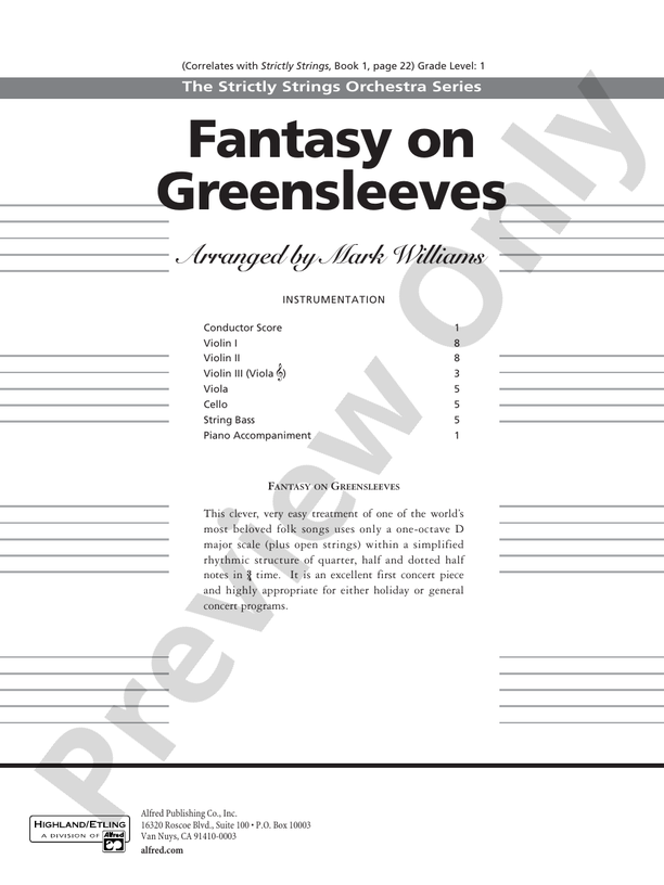 Fantasy on Greensleeves – String Orchestra Conductor Score & Parts (Digital Download)