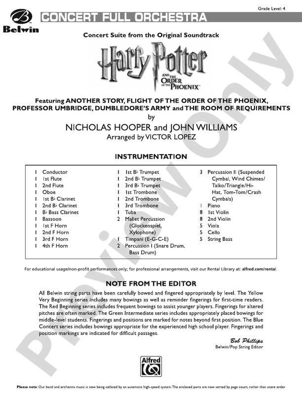 Harry Potter and the Order of the Phoenix, Concert Suite from – Full Orchestra Conductor Score & Parts (Digital Download)
