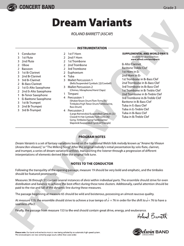 Dream Variants - Concert Band Conductor Score & Parts (Digital Download)