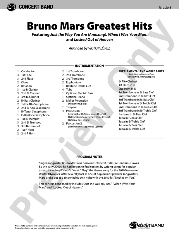 Bruno Mars Greatest Hits - Concert Band Conductor Score & Parts (Digital Download)